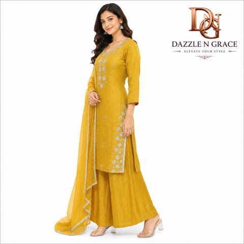 Mustard Yellow Embroidered Kurta Palazzo Suit Set with Dupatta