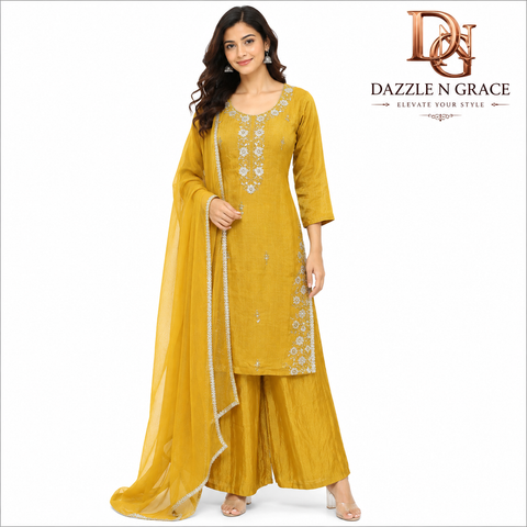 Mustard Yellow Embroidered Kurta Palazzo Suit Set with Dupatta
