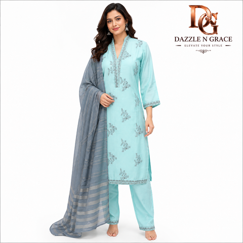 Women’s Aqua Blue Embroidered Cotton Kurta Pant Set with Grey Dupatta | Elegant Ethnic Wear Suit Set