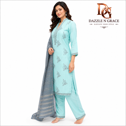 Women’s Aqua Blue Embroidered Cotton Kurta Pant Set with Grey Dupatta | Elegant Ethnic Wear Suit Set