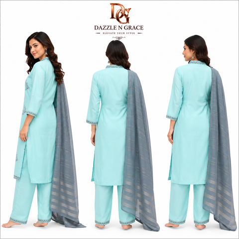 Women’s Aqua Blue Embroidered Cotton Kurta Pant Set with Grey Dupatta | Elegant Ethnic Wear Suit Set
