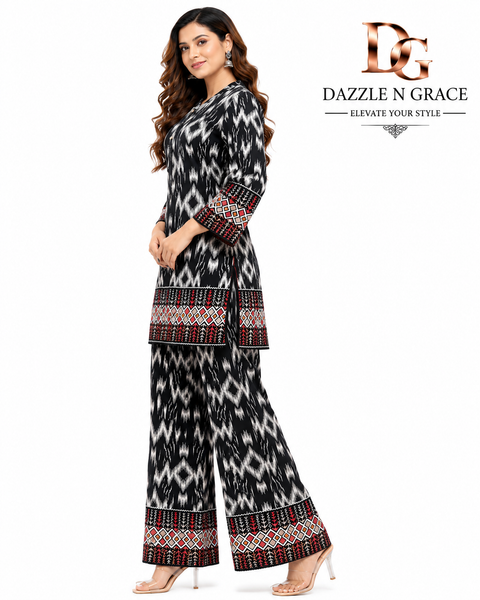 Black Ikat Printed Kurti & Palazzo Co-Ord Set for Women