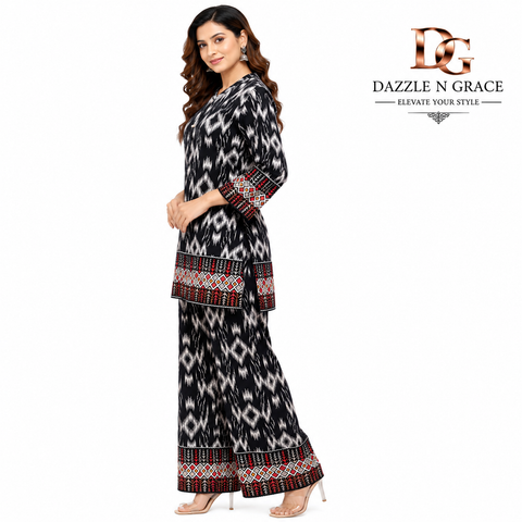 Black Ikat Printed Kurti & Palazzo Co-Ord Set for Women