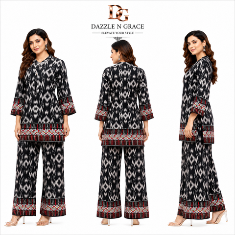 Black Ikat Printed Kurti & Palazzo Co-Ord Set for Women