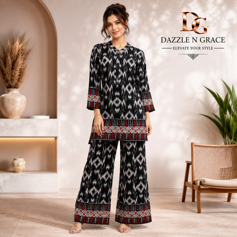 Black Ikat Printed Kurti & Palazzo Co-Ord Set for Women