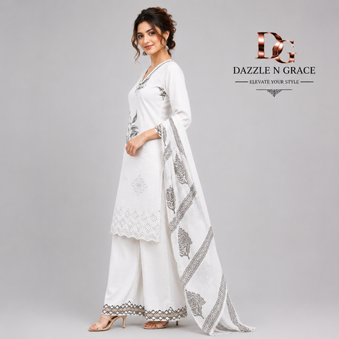 White Floral Print Cotton Suit Set with Dupatta