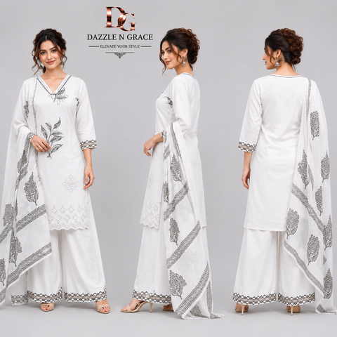 White Floral Print Cotton Suit Set with Dupatta