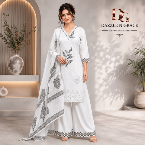 White Floral Print Cotton Suit Set with Dupatta