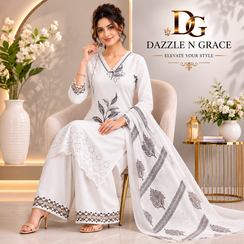 White Floral Print Cotton Suit Set with Dupatta