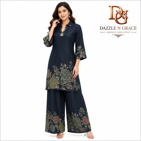 Navy Blue Floral Printed Kurta Palazzo Co-ord Set for Women | Elegant Ethnic Fusion Wear