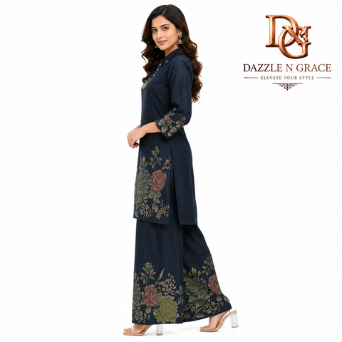 Navy Blue Floral Printed Kurta Palazzo Co-ord Set for Women | Elegant Ethnic Fusion Wear