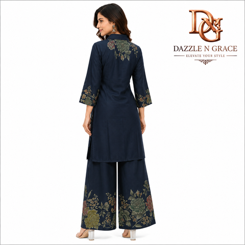 Navy Blue Floral Printed Kurta Palazzo Co-ord Set for Women | Elegant Ethnic Fusion Wear