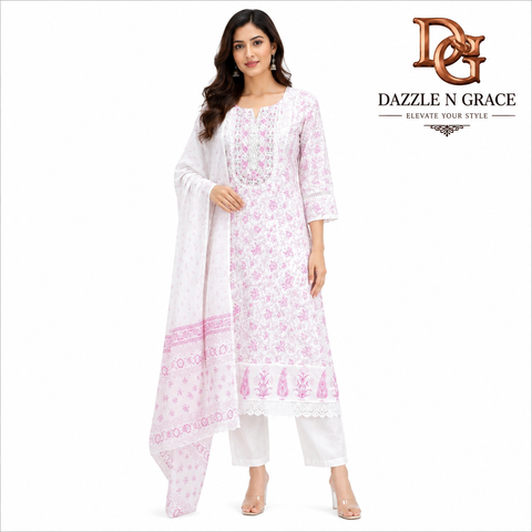 Women’s Premium Pink Floral Printed Cotton Suit Set with Dupatta & Straight Pants