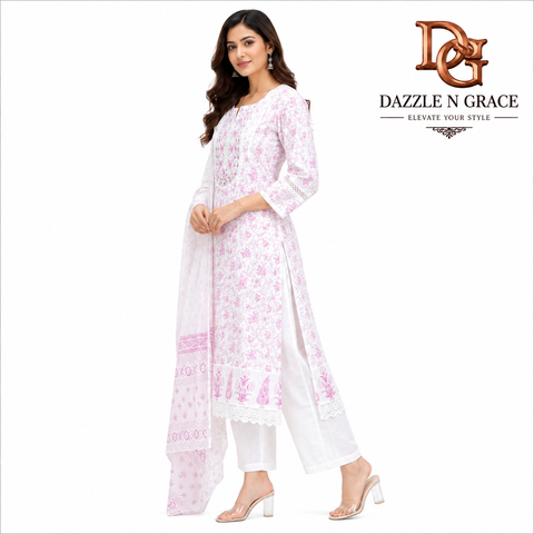 Women’s Premium Pink Floral Printed Cotton Suit Set with Dupatta & Straight Pants