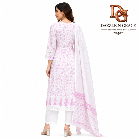 Women’s Premium Pink Floral Printed Cotton Suit Set with Dupatta & Straight Pants