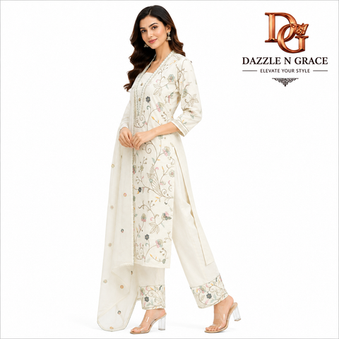 Women’s Ivory Floral Embroidered Cotton Kurta Pant Dupatta Set | Elegant Ethnic Wear by Dazzle N Grace