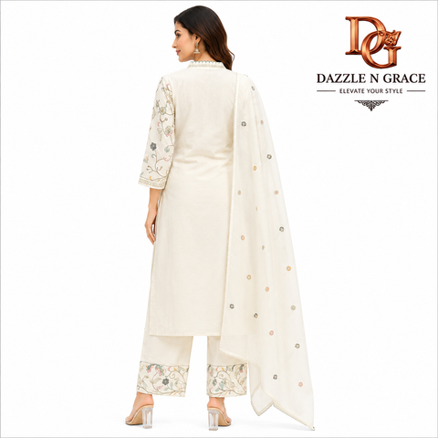 Women’s Ivory Floral Embroidered Cotton Kurta Pant Dupatta Set | Elegant Ethnic Wear by Dazzle N Grace