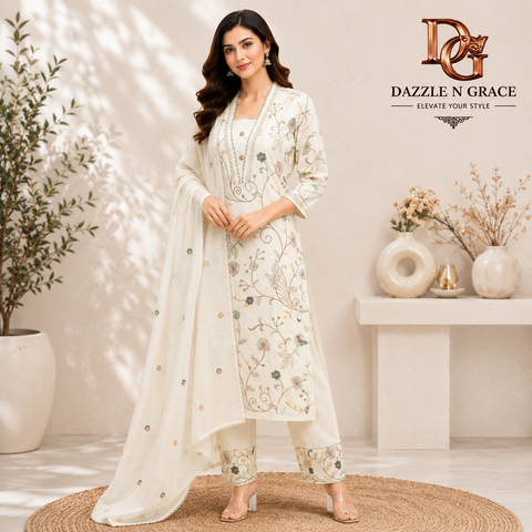 Women’s Ivory Floral Embroidered Cotton Kurta Pant Dupatta Set | Elegant Ethnic Wear by Dazzle N Grace