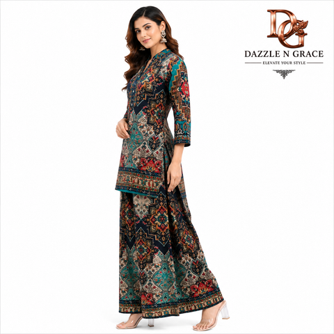 Women’s Premium Ethnic Printed Kurti with Palazzo Co-ord Set | Designer Indo-Western Suit Set