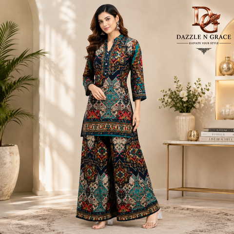 Women’s Premium Ethnic Printed Kurti with Palazzo Co-ord Set | Designer Indo-Western Suit Set