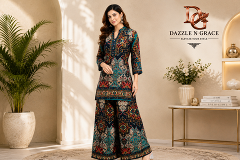 Women’s Premium Ethnic Printed Kurti with Palazzo Co-ord Set | Designer Indo-Western Suit Set