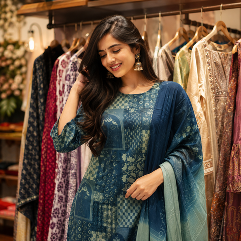 Blue Indigo Patch Printed Suit Set with Mirror Neckline, Pant & Ombre Dupatta | Festive Ethnic Wear