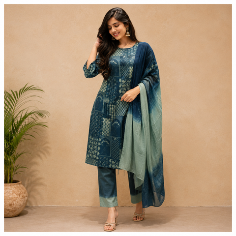 Blue Indigo Patch Printed Suit Set with Mirror Neckline, Pant & Ombre Dupatta | Festive Ethnic Wear