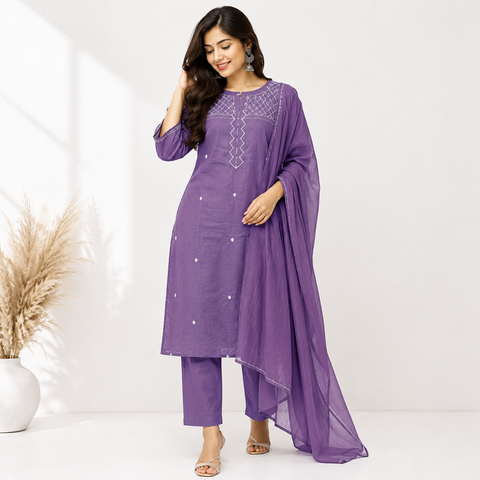Royal Purple Geometric Thread Embroidered Salwar Suit with Dupatta | Festive Ethnic Wear