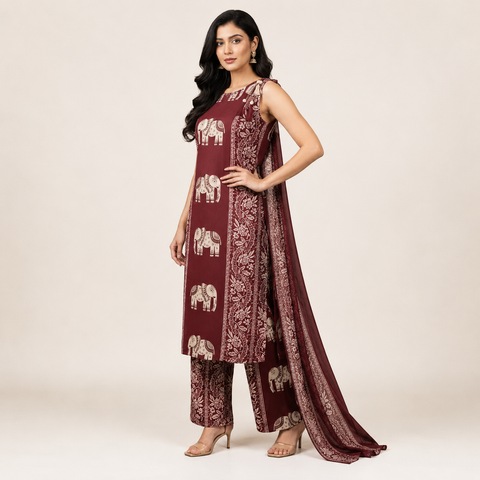 Maroon Elephant Print Cotton Sleeveless Kurta Pant Co-ord Set for Women