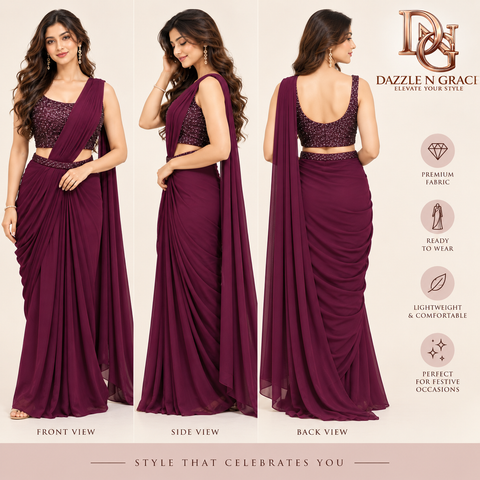 Wine Maroon Premium Ready-to-Wear Saree