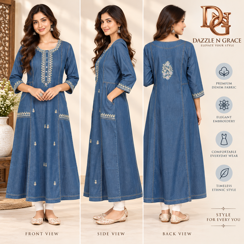 Women’s Premium Denim Embroidered Kurti – 4 Designs