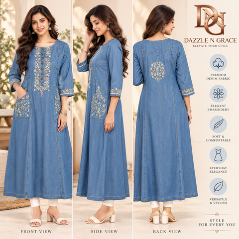 Women’s Premium Denim Embroidered Kurti – 4 Designs