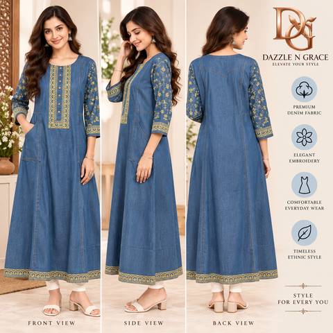 Women’s Premium Denim Embroidered Kurti – 4 Designs
