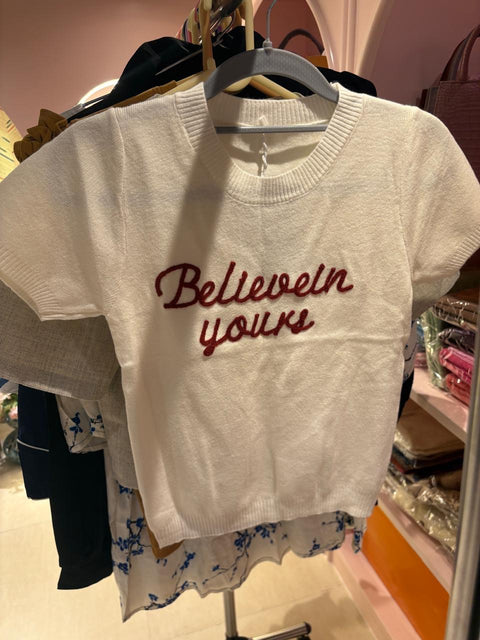White Knit Slogan Top – Believe in Yourself