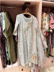 Soft Grey Slub Chanderi Floral Embroidered 3-Piece Suit Set | Kurta, Straight Pants & Printed Dupatta | Festive Wear