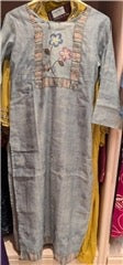 Powder Blue Cotton Slub Kurti with Floral Embroidered Yoke, Pastel Trim & Pant | Casual Ethnic Wear