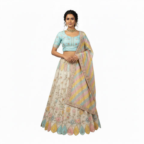Colorful embroidered fabric with a focus on intricate patterns and vibrant colors.