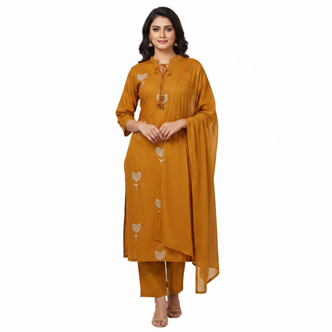 Rust Orange Floral Motif Salwar Suit with Embellished V-Neck & Dupatta | Casual Festive Ethnic Wear