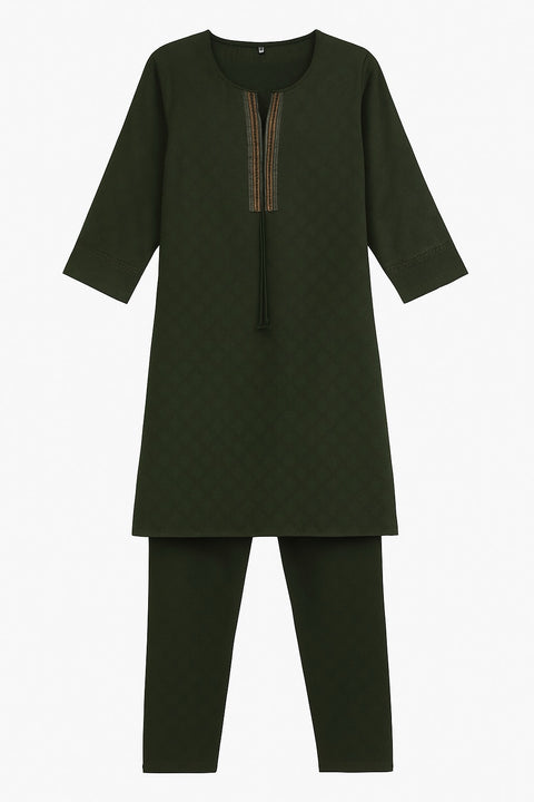 Aesha Dark Green Textured Kurti with Pant Set