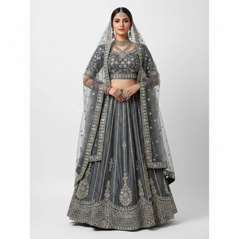 Steel Whisper Sequin Stripe Ghaghra Choli Set | Silver Shimmer Ethnic Wear | Sangeet