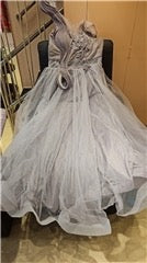 Silver Mist Embellished Net Gown | Floral Appliqué One-Shoulder | Wedding Reception Wear