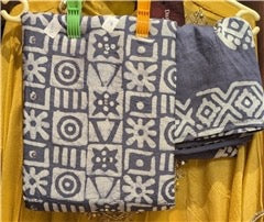 Indigo Blue & White Handblock Printed Cotton Dress Material Set 3Piece Unstitched Suit