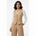 Beige vest on a hanger with a visible brand tag in a store setting.