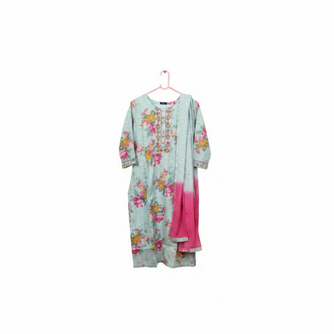 Sky Blue Floral Printed Straight Kurta Set with Pink Ombre Dupatta | Casual Festive Ethnic Wear