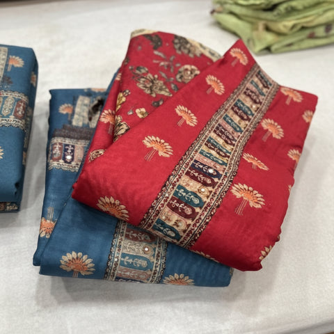 Premium Handcrafted Chanderi Tussar Silk Dress Material Set | Floral Print Mirror Yoke | Printed Dupatta | Unstitched
