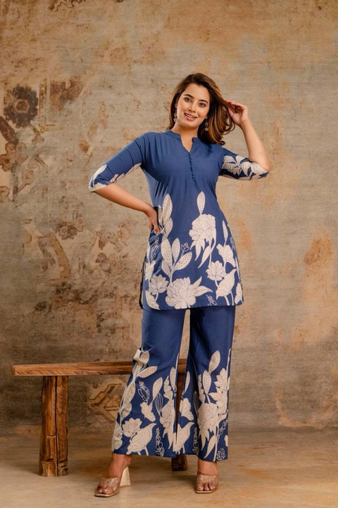 Swarit Floral Printed Coord Set | V-Slit Potli Button Elbow Sleeve Wide Pants 60x60 Pure Cotton | Casual Brunch Summer