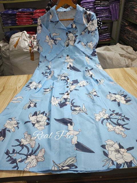 Swarit Floral Printed Shirt Dress — 100% Pure Cotton in Peach, Sky Blue & Mustard