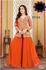 Toral Designer Embroidered Jacket Style Sharara Set | Orange Golden Zari Georgette | Wedding Festive