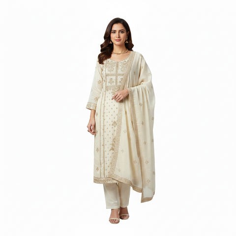 Royal Ivory Zari Thread Embroidered Salwar Suit with Dupatta | Festive Wedding Ethnic Wear