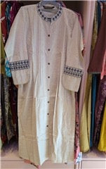 Off-White Cotton Linen Kurti with Blue Embroidered Collar & Cuff Detailing